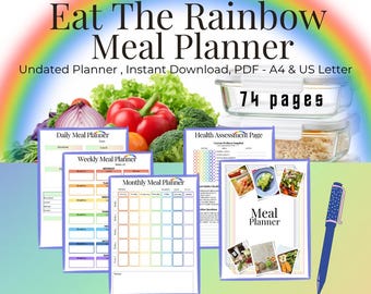 Planificateur de repas Eat The Rainbow – 74 pages | A4 et lettre US | Téléchargement instantané PDF imprimable