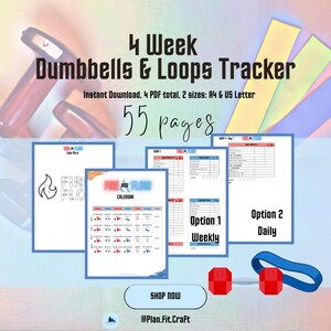 May include: A 4 Week Dumbbells & Loops Tracker digital planner with 55 pages in A4 and US Letter sizes. The document includes a Fire & Flow calendar, weekly and daily tracking options, and exercise logs. Features red dumbbells and blue resistance loops.