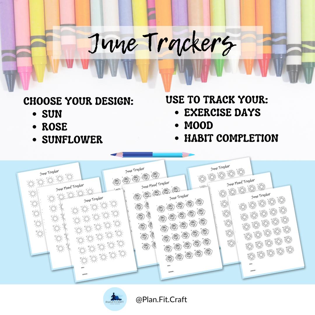 June Habit Trackers- Sun, Rose, Sunflower Mood Fitness Coloring Planner ...