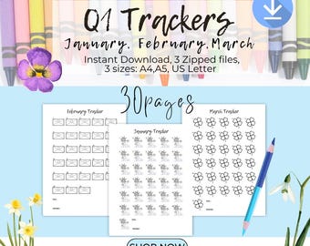 Q1 2026 Quarterly Coloring Tracker Bundle | January, February, March Habit, Mood & Exercise Trackers