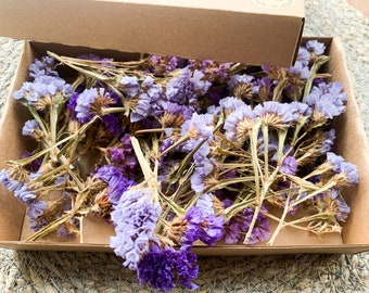 May include: A cardboard box filled with dried purple statice flowers. The flowers are arranged in a random pattern and have a light, airy feel.