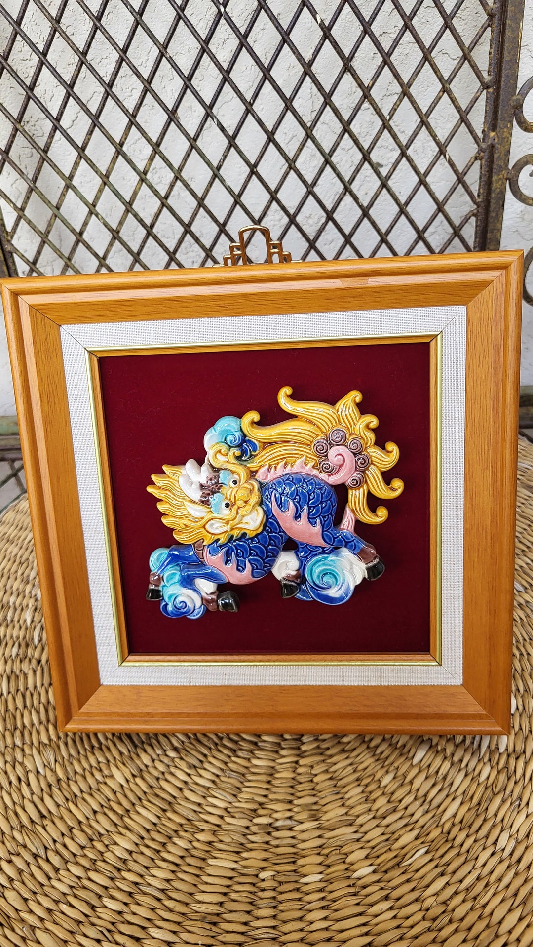 Vintage Cochin FOO DOG Koji Ceramic Art Pottery Framed Plaque Shadow