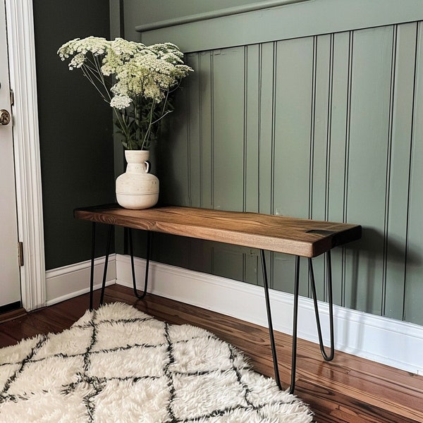 Skinny Bench that's Farmhouse Inspired with Rustic Charm, Hairpin Leg Design - Minimalist Home Décor, Primitive Antique Touch, Noodle Bench