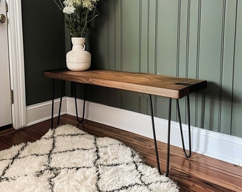 Skinny Bench that's Farmhouse Inspired with Rustic Charm, Hairpin Leg Design - Minimalist Home Décor, Primitive Antique Touch, Noodle Bench