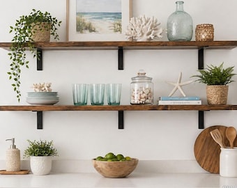 Heavy Duty Floating Shelves with Steel Brackets – Rustic Wood Wall Shelves, Kitchen Storage