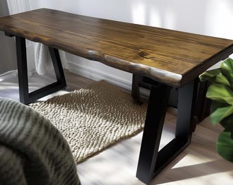 Handmade Live Edge Rustic Wood Bench | Wide Bench | Trapezoid Steel Legs | Entryway Bench | Farmhouse Wood Bench | Heavy Duty | Entryway