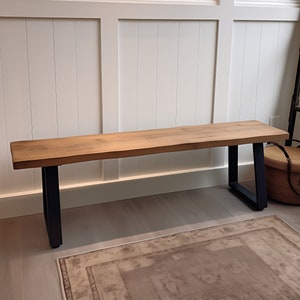 Handmade Rustic Wood Bench Trapezoid Steel Legs Entryway Bench Coffee Table with Trapezoid Legs Farmhouse Wood Bench MCM image 1