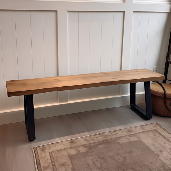 Handmade Rustic Wood Bench | Trapezoid Steel Legs | Entryway Bench | Coffee Table with Trapezoid Legs | Farmhouse Wood Bench | MCM