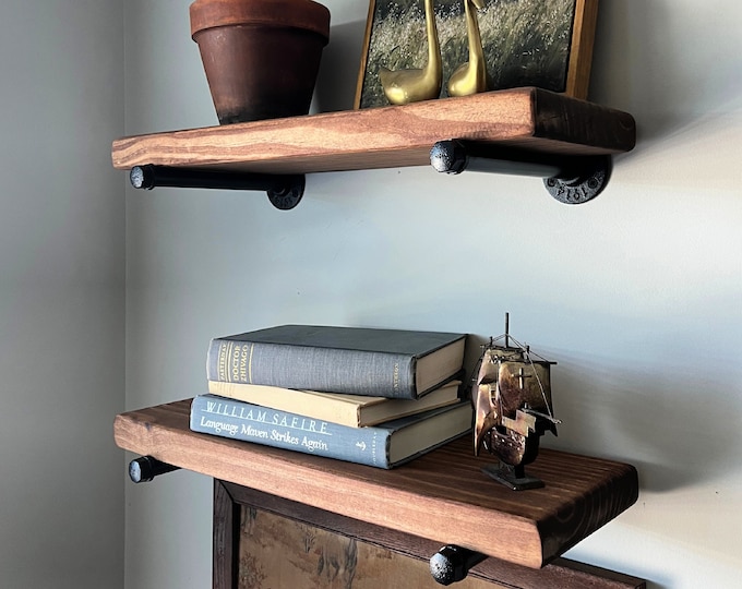 Rustic Shelf with Pipe Brackets | Floating Industrial Shelf | Long Floating Shelves | Farmhouse Décor | Kitchen Shelf | Bathroom Shelves