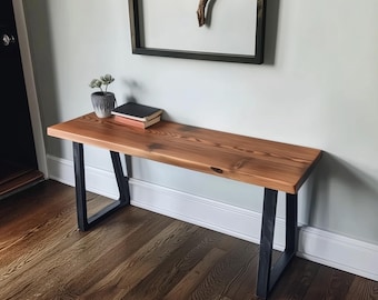 Rustic Wood Bench with Trapezoid Steel Legs - Mudroom, Sitting, and Farmhouse Bench - Traditional and Skinny Design for Stylish Seating
