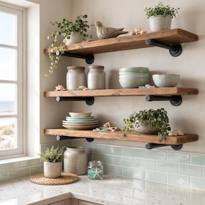 Rustic Solid Pine Wall Shelf with Black Industrial Pipe Brackets