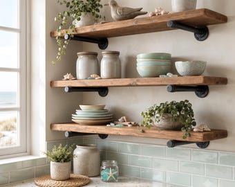 Rustic Solid Pine Wall Shelf with Black Industrial Pipe Brackets