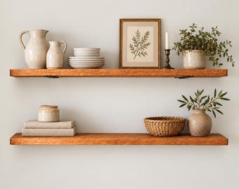Solid Wood Floating Shelf with Heavy Duty L Brackets | Farmhouse Kitchen Wall Shelf