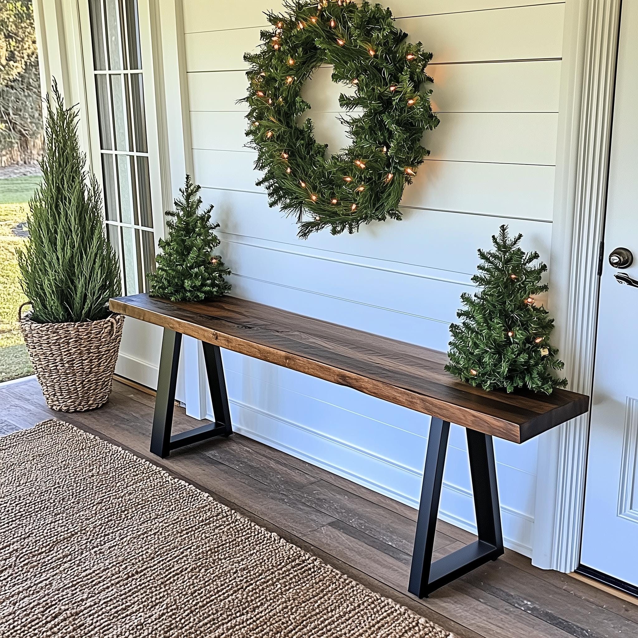 Handmade Tall Wood Bench with Trapezoid Steel Legs | Rustic Farmhouse Bench | Dining Table Bench | Long Bench | Christmas Decor | Farmhouse
