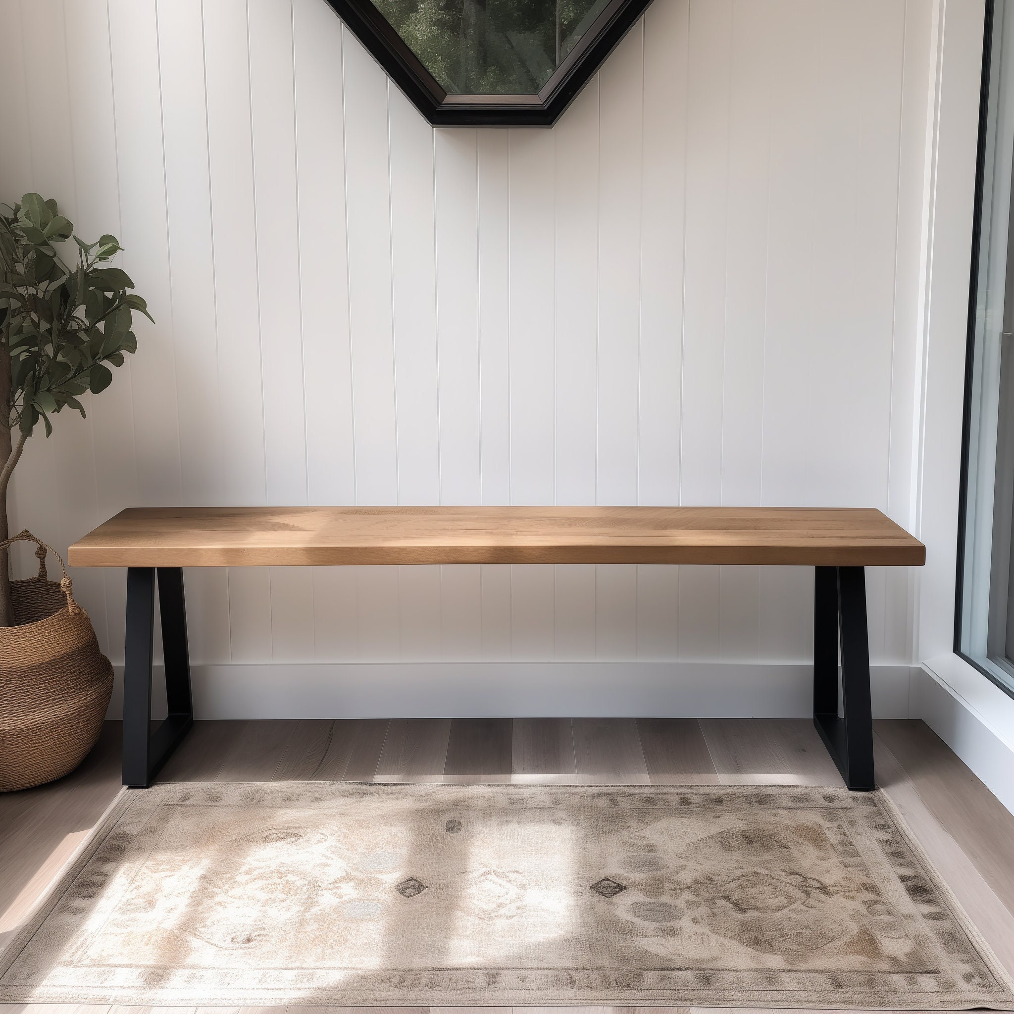 Long Wood Bench with Trapezoid Steel Legs Mudroom Sitting and Farmhouse Shoe Storage Handmade Traditional and Rustic Entryway Bench