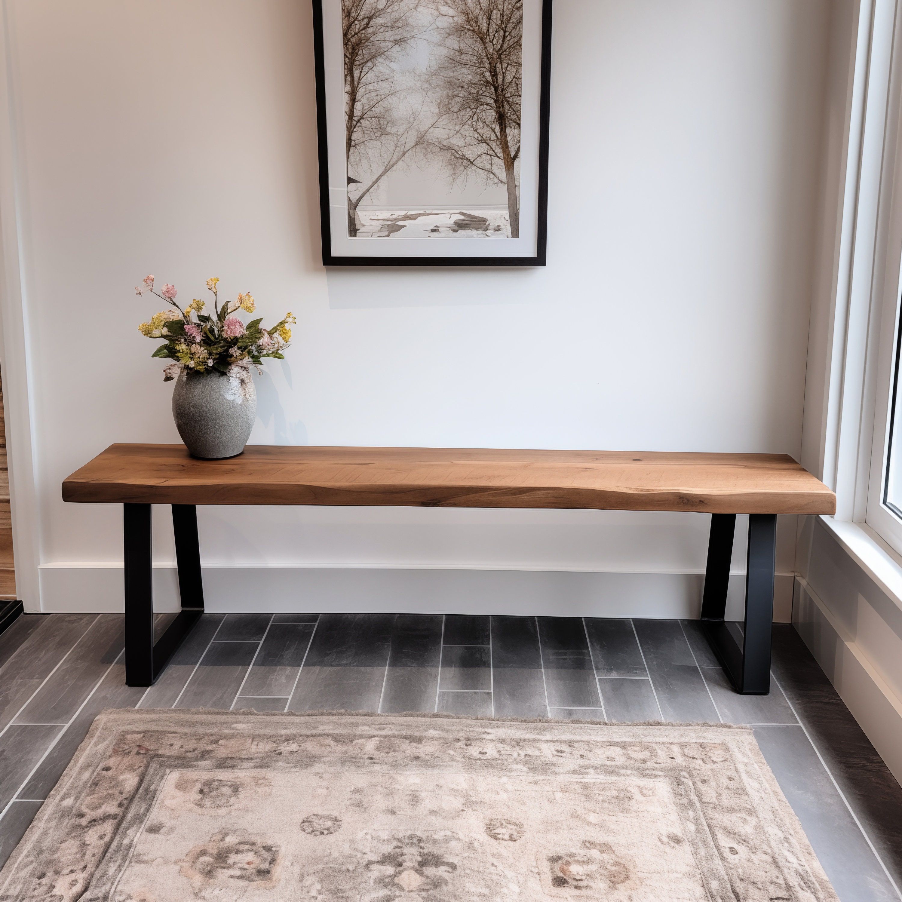 Handmade Rustic Entryway Wood Bench Wide Bench Trapezoid Steel Legs Entryway Bench Farmhouse Wood Bench Natural Bench Heavy Duty Etsy