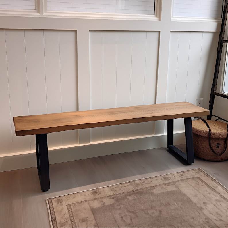 Handmade Rustic Wood Bench Trapezoid Steel Legs Entryway Bench Coffee Table with Trapezoid Legs Farmhouse Wood Bench MCM image 1