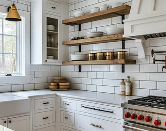 Rustic Wood Shelf with Industrial Brackets - Long, Custom Size, Heavy Duty Shelves for Kitchen, Bathroom, or Bookshelf - Open Shelving