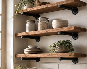 Rustic Solid Pine Wall Shelf with Black Industrial Pipe Brackets