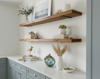 Set of 2 Solid Wood Wall Shelves  – Rustic Farmhouse Shelves with Heavy Duty Brackets