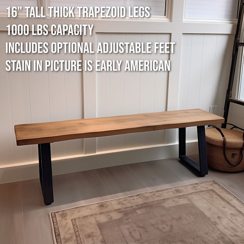 Handmade Rustic Wood Bench Trapezoid Steel Legs Entryway Bench Coffee Table with Trapezoid Legs Farmhouse Wood Bench MCM image 2