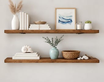 Handmade Solid Wood Kitchen Shelf | Farmhouse Floating Shelf with Black L Brackets