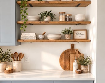 Set of 3 Solid Wood Floating Shelves | Heavy Duty Brackets, Farmhouse Style