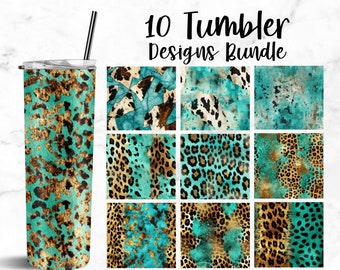 Seamless Teal Cowhide Tumbler Wrap Bundle, 20oz Skinny Western Tumbler Wrap, Tumbler Template Png,  Tumbler Png, Leopard Sublimation Design