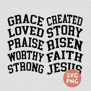 Pasen Svg en Png-bundel, gebogen christelijke woorden, Varsity-lettertype, College Letters, Jezus, waardig, geliefd, verrezen, sterk, geloof, religieuze png