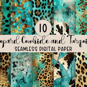 May include: A digital paper pack with 10 seamless patterns featuring leopard print, cowhide, and turquoise colours. The text "Leopard Cowhide and Turquoise Seamless Digital Paper" is displayed on the image.