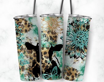 Kuh und Sonnenblume 20 Unzen Skinny Tumbler Wrap Png, Western Türkis Tumbler Wrap, Tumbler Sublimation Design, Nahtloser Tumbler Schmetterling Png
