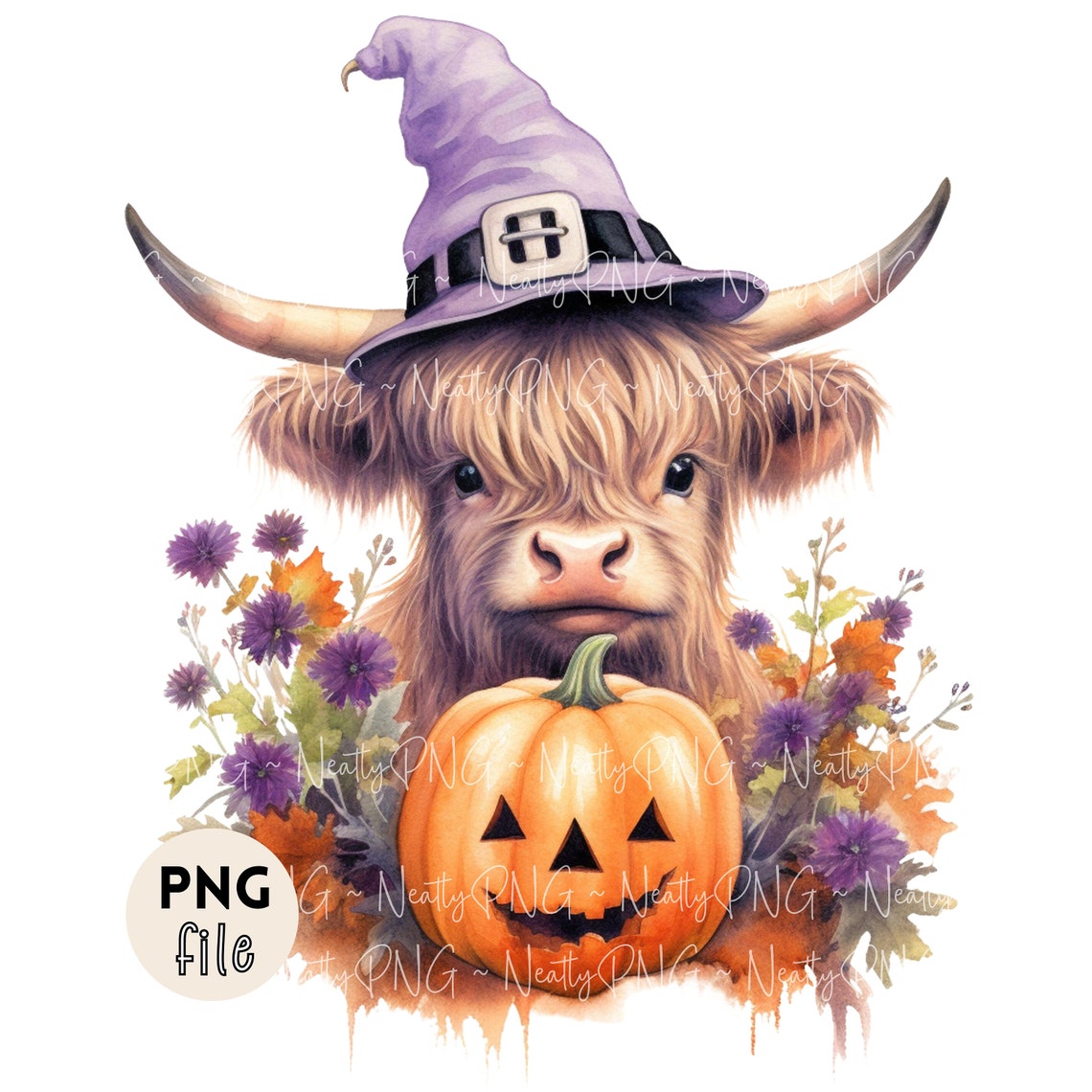 Baby Highland Cow Png, Fall Png, Watercolor Pumpkins and Purples Leaves ...