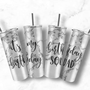 Marble Birthday 20oz Skinny Tumbler Wrap Bundle, It&#39;s My Birthday Png, Birthday Squad Png, Tumbler Design Sublimation Png Glam Black Glitter