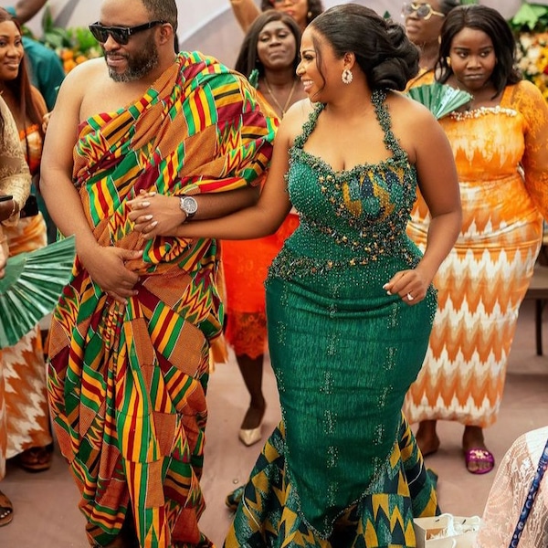 Emerald Green Couple Traditional marriage dress, 3 piece Emerald Green Agbada, Asoebi, Green Kaftan, Ghanaian Kente, Beaded Kente Gown,Bride