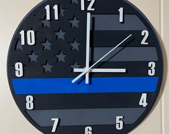 10" Thin Blue Line Wall Clock – Laser Cut Wood, Battery Operated