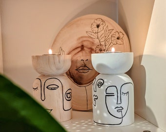 Candlestick set tealight holder wood oak - wooden candlestick set of 3, minimalist line art, handmade, Face Line Art