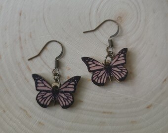 Violet wings of the sky - Purple wooden butterfly earrings on brass ear wires