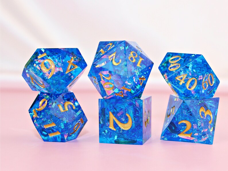 Starglow Blue Resin Dice Set Dnd D&D Dungeons and Dragons Sharp Edge
