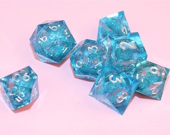 Blue Liquid Core Resin Dice Set | Sharp Edge | Dungeons and Dragons