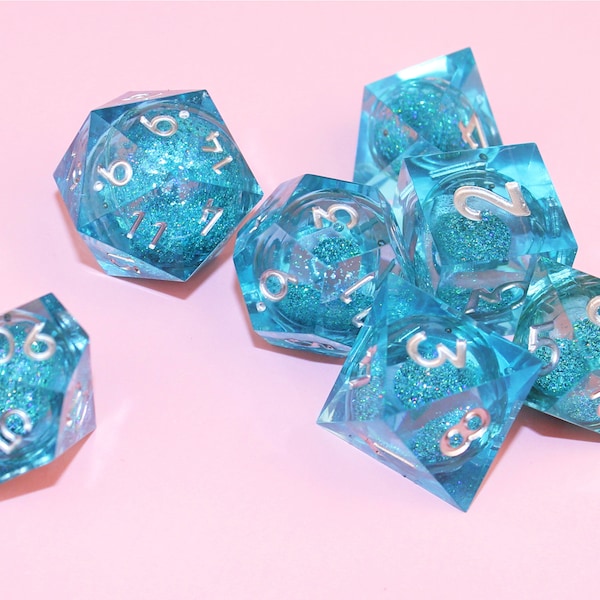 Blue Liquid Core Resin Dice Set | Sharp Edge | Dungeons and Dragons