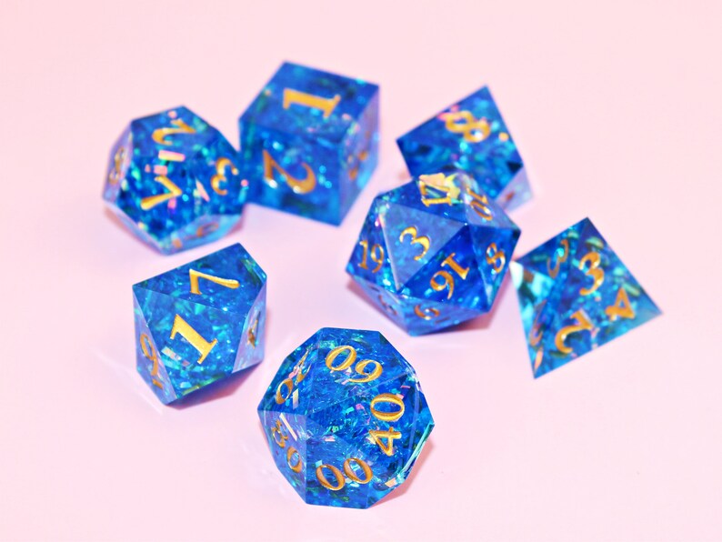 Starglow Blue Resin Dice Set Dnd D&D Dungeons and Dragons Sharp Edge
