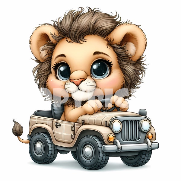 Baby Lion Driving Clipart-15 High Quality JPGs,Digital Download,Card Making,Mixed Media,Digital Paper Craft,300 DPI,Watercolor Clipart