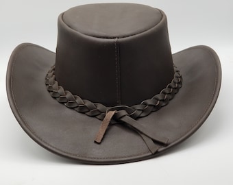Genuine Leather Cowboy Hat - Unisex Distressed Brown Bush Hat with Braided Trim