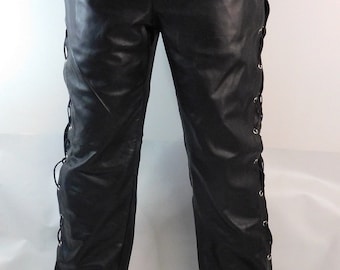 Men's Black Leather Pants with Side Lacing | Adjustable Biker Trousers for Goth Clubwear