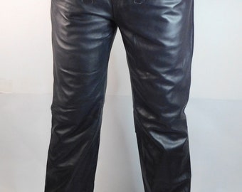 Men's Black Leather Trousers with Double Front Zippers | Angled Zip Clubwear Biker Pants