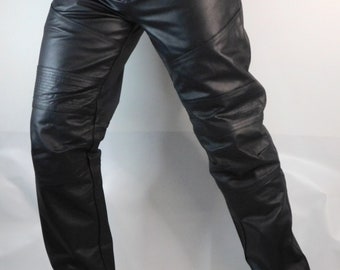 Men's Black Leather Biker Trousers | Straight Leg Moto Pants with Padded Knees & Fly Zip