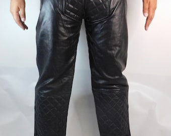 Quilted Black Leather Motorcycle Pants | Diamond Stitched Biker Trousers | Genuine Leather Cafe Racer Gear | Heavy Duty Rider Pants