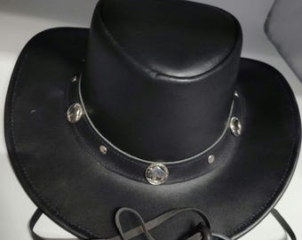 Handmade Black Leather Cowboy Hat - Silver Concho Studded Band - Western Style
