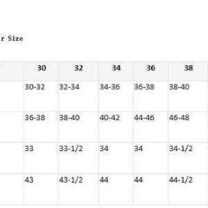 May include: Size guide chart with measurements in inches for standard fit clothing. Includes waist, hip, inseam, and side length measurements for sizes 30 through 42.