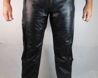 Premium Black Leather Motorcycle Riding Pants | Accordion Stretch Panel Biker Trousers | Zippered Front Pockets | Durable Rider Gear
